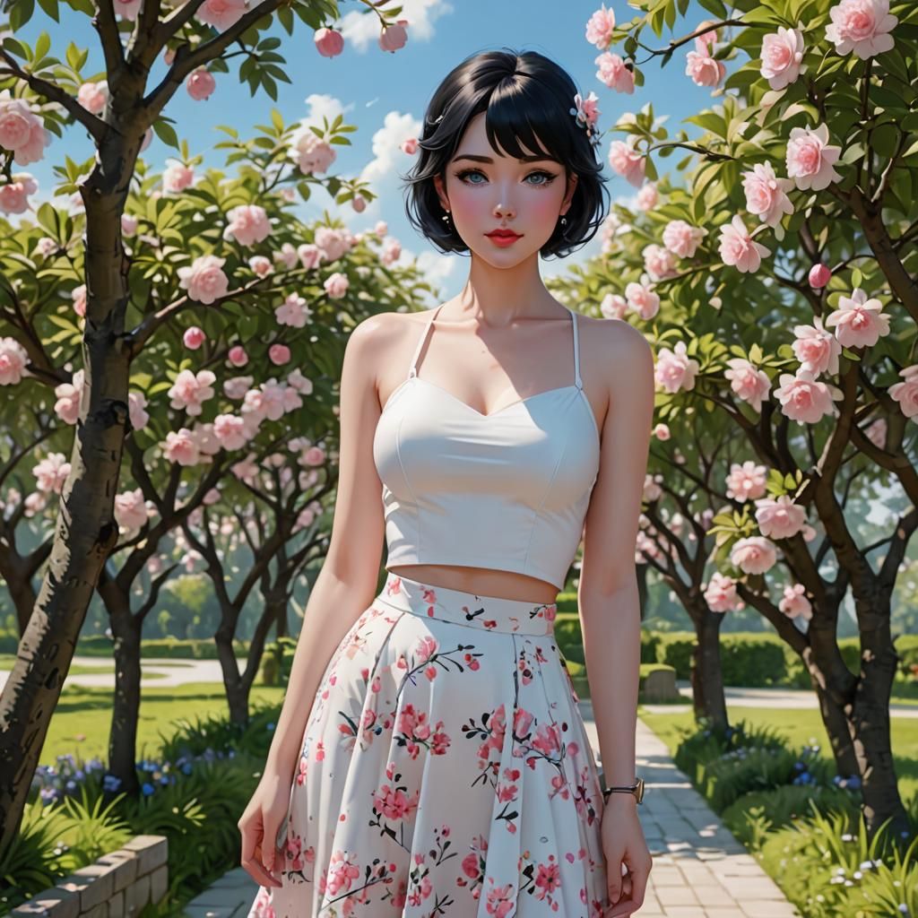 Beautiful Anime Woman in Orchard, 3D Render