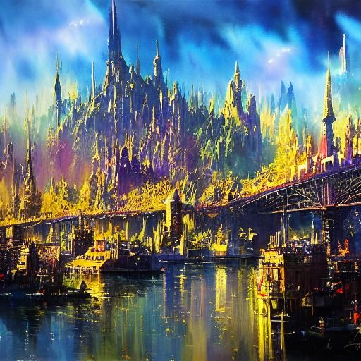 Futuristic Elves at Gothic Castle in Watercolor Style