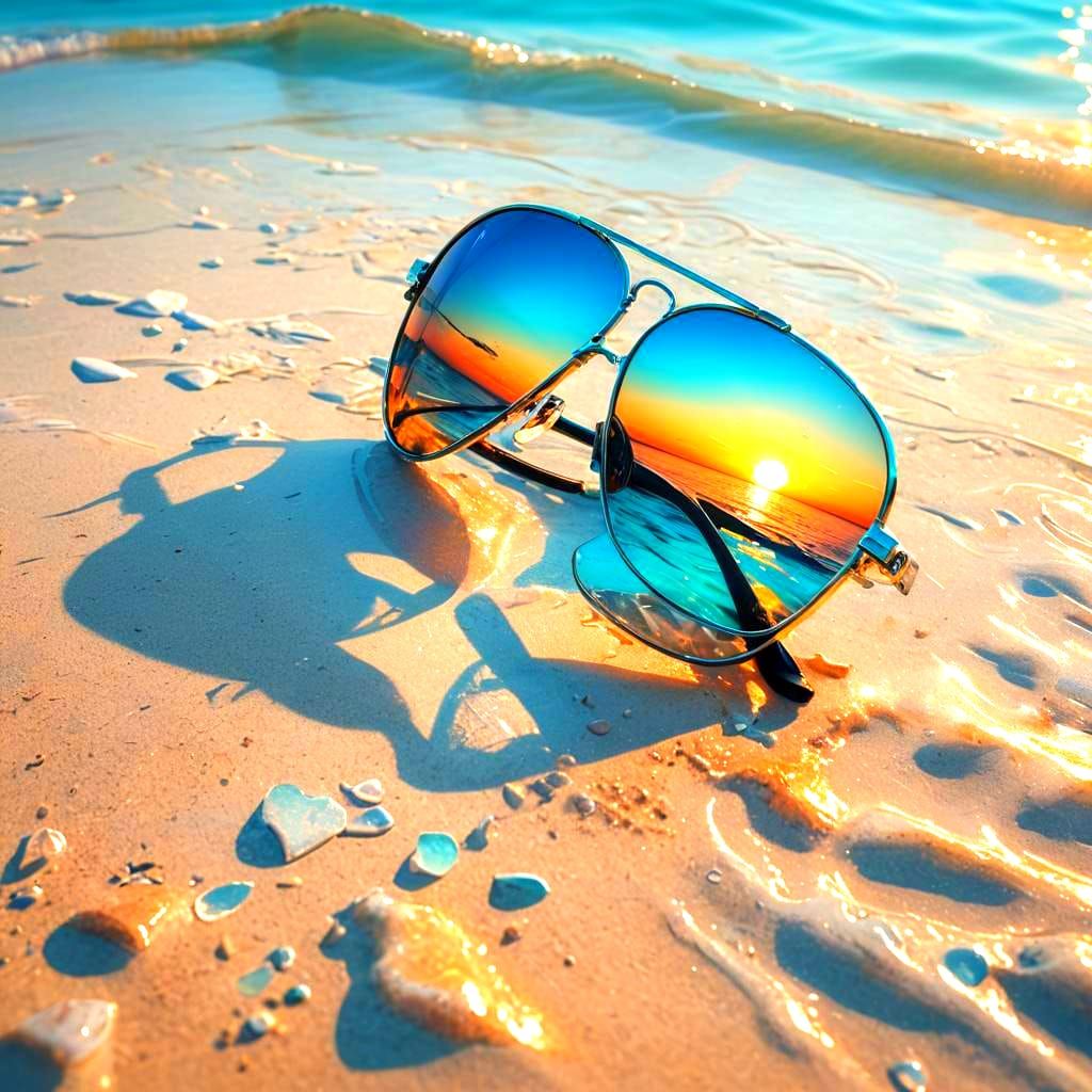 Sunglasses Reflecting Sunset on Beach: Hyperrealistic Splash...