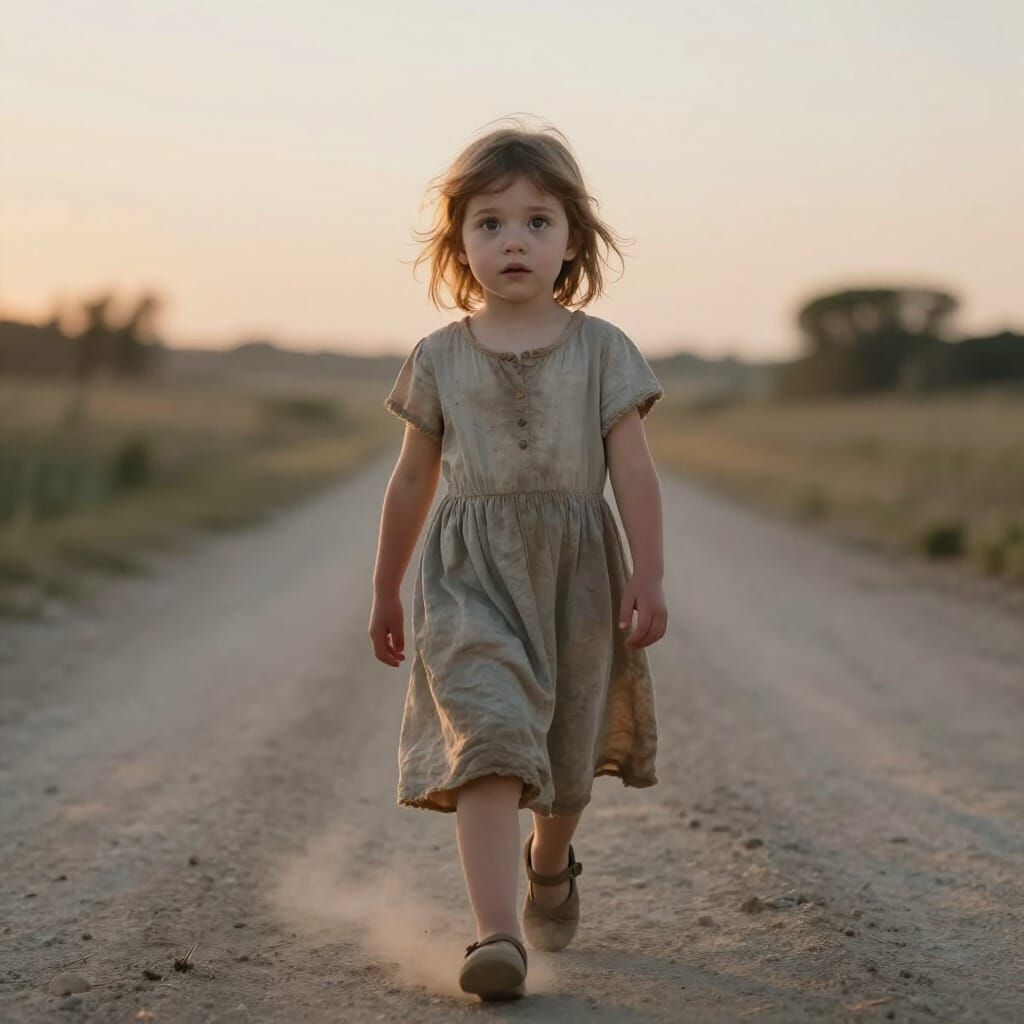 Lost Girl on Dusty Road at Dawn