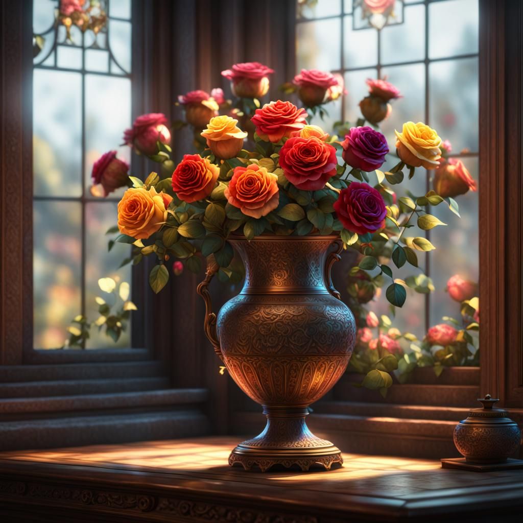 Radiant Roses in Antique Vase, 3D Cinematic Render