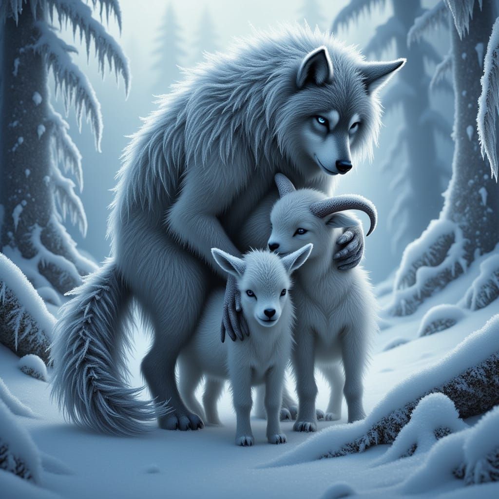 Protective Werewolf Shielding Goats in Frozen Landscape