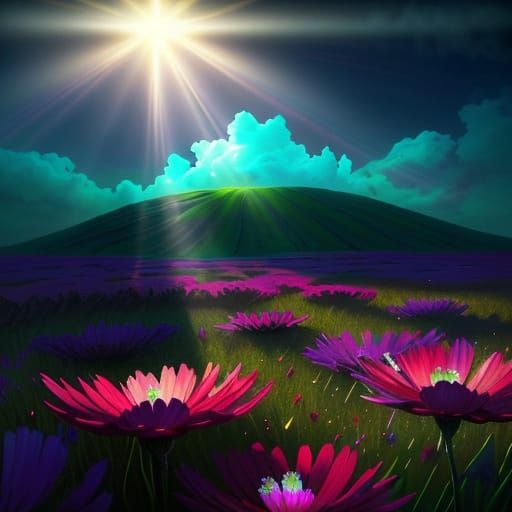 Surreal Blood Oil Spill in Bioluminescent Meadow