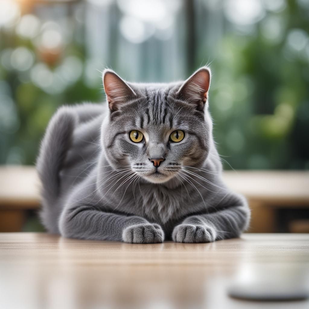 Gray Cat Sitting on Table: Professional Photography