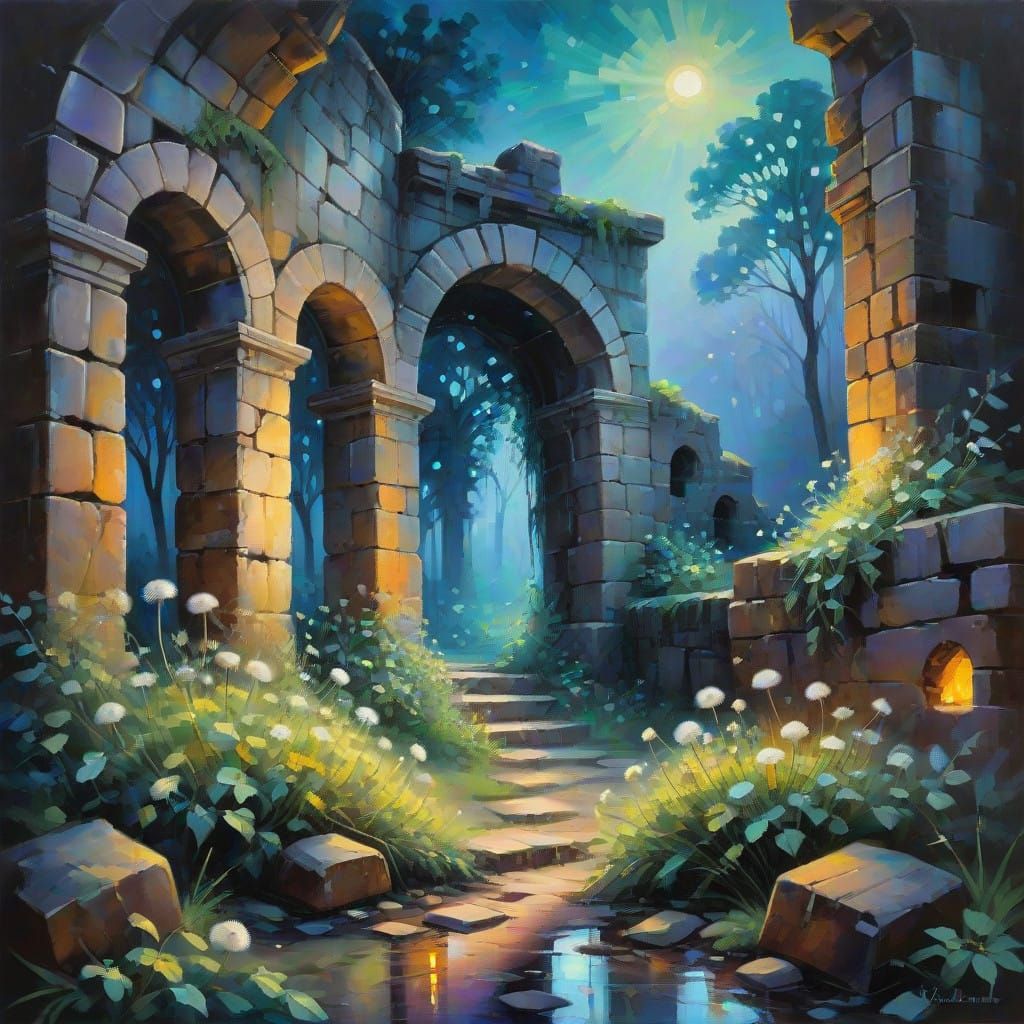 Dreamy Stone Ruins Awaken with Vibrant Dandelions