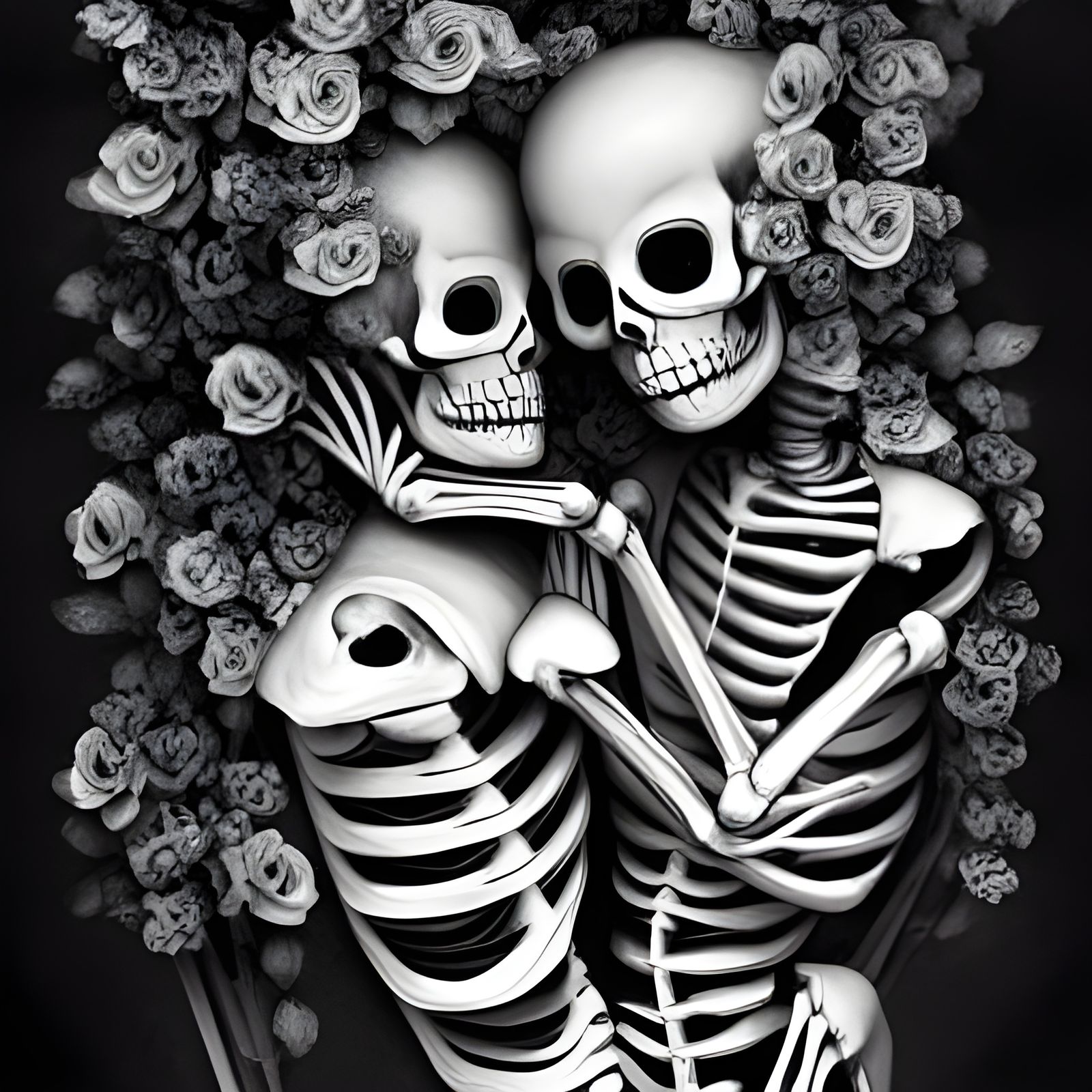 Skeletal Embrace in Dying Roses, Dark Fantasy Art