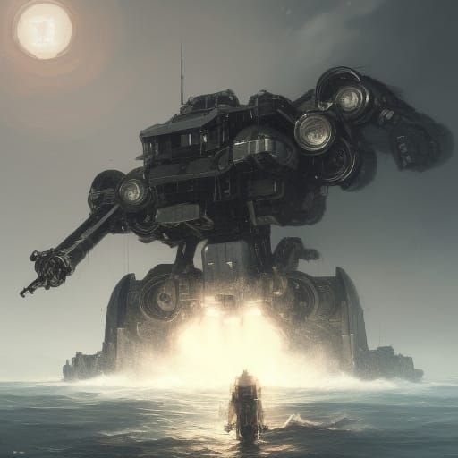 Silver Robot Mech Rising from the Sea