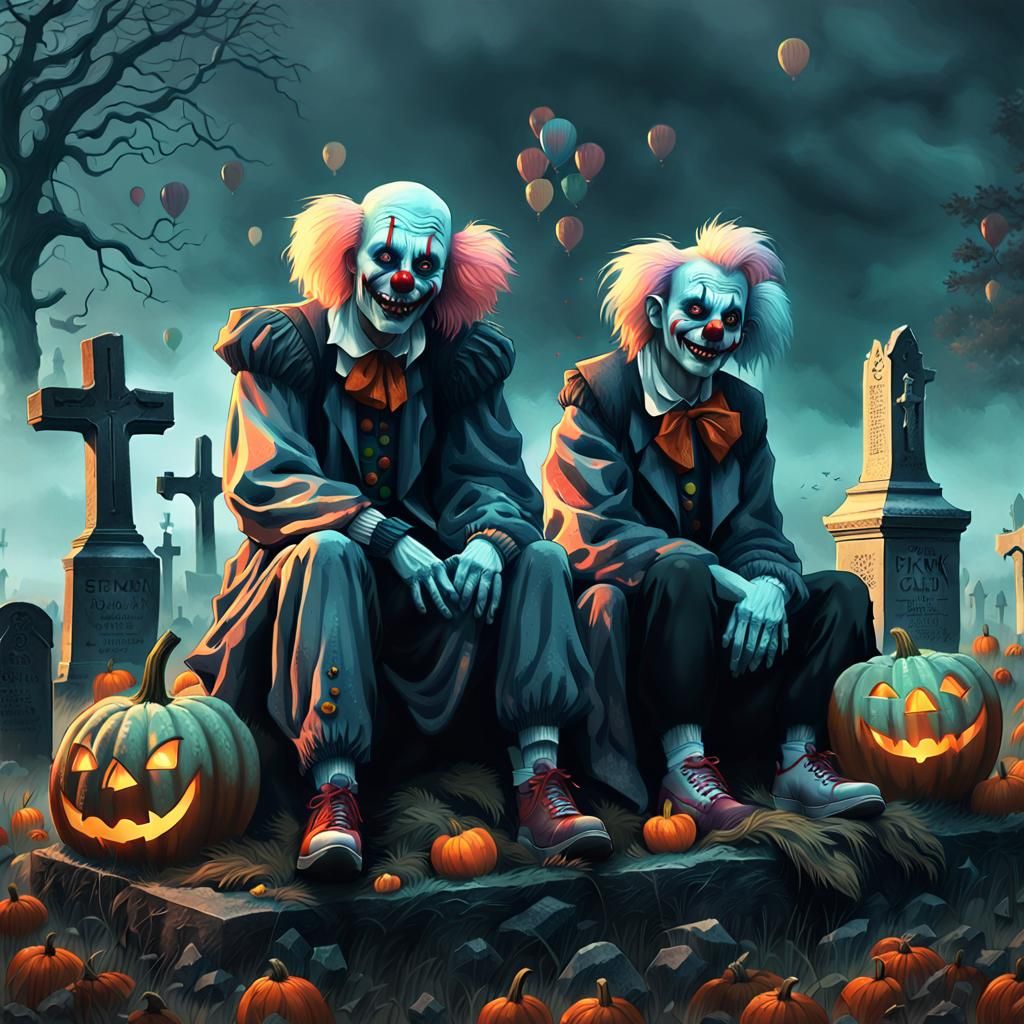 Gyaru Clowns in Graveyard: Gothic Surrealist Digital Art