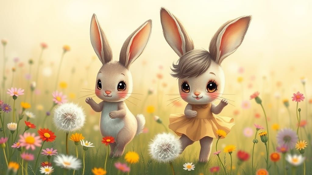 Girl and Bunny in Whimsical Meadow, Art Nouveau Style