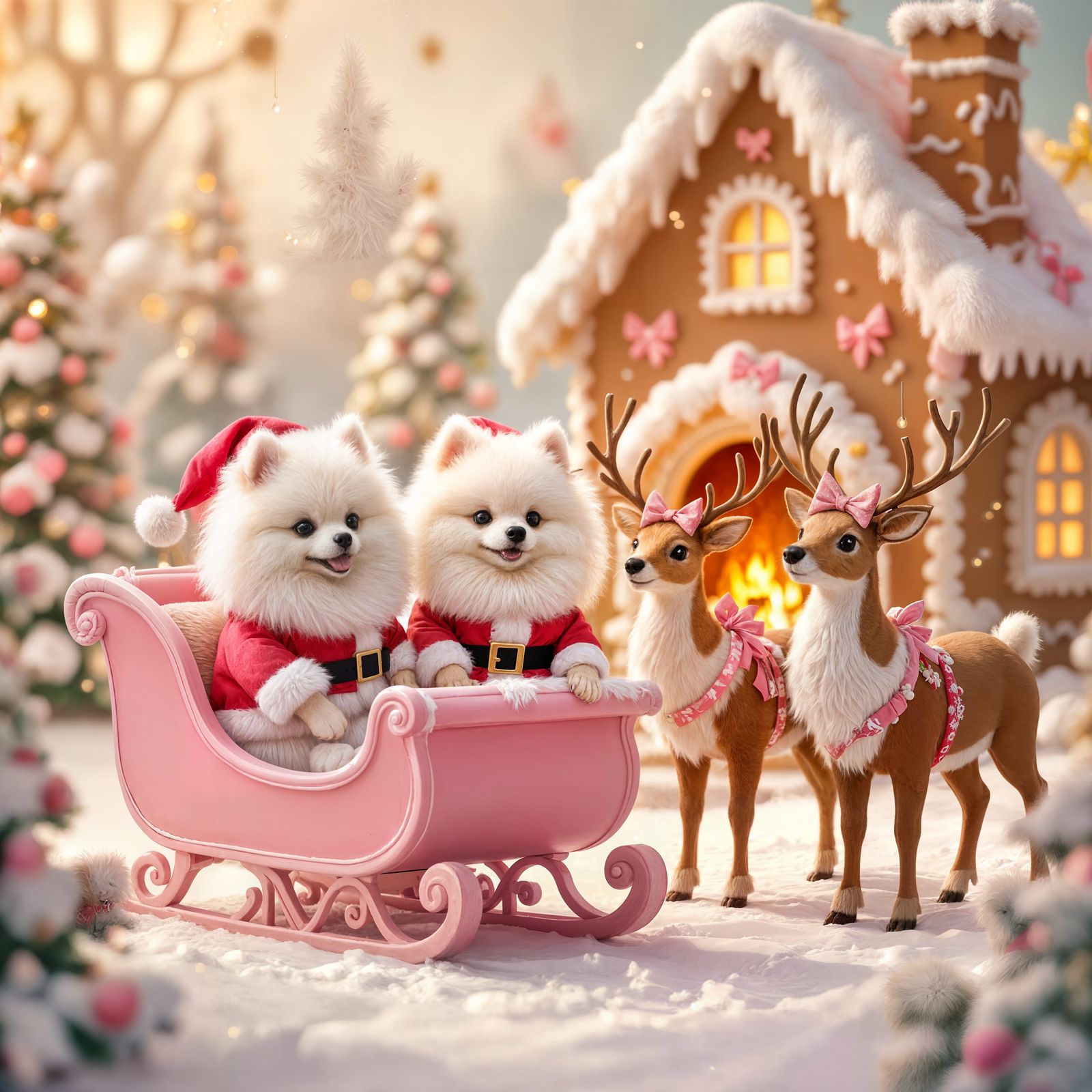 Pomeranians in Pink Santa Suits in Festive Sleigh