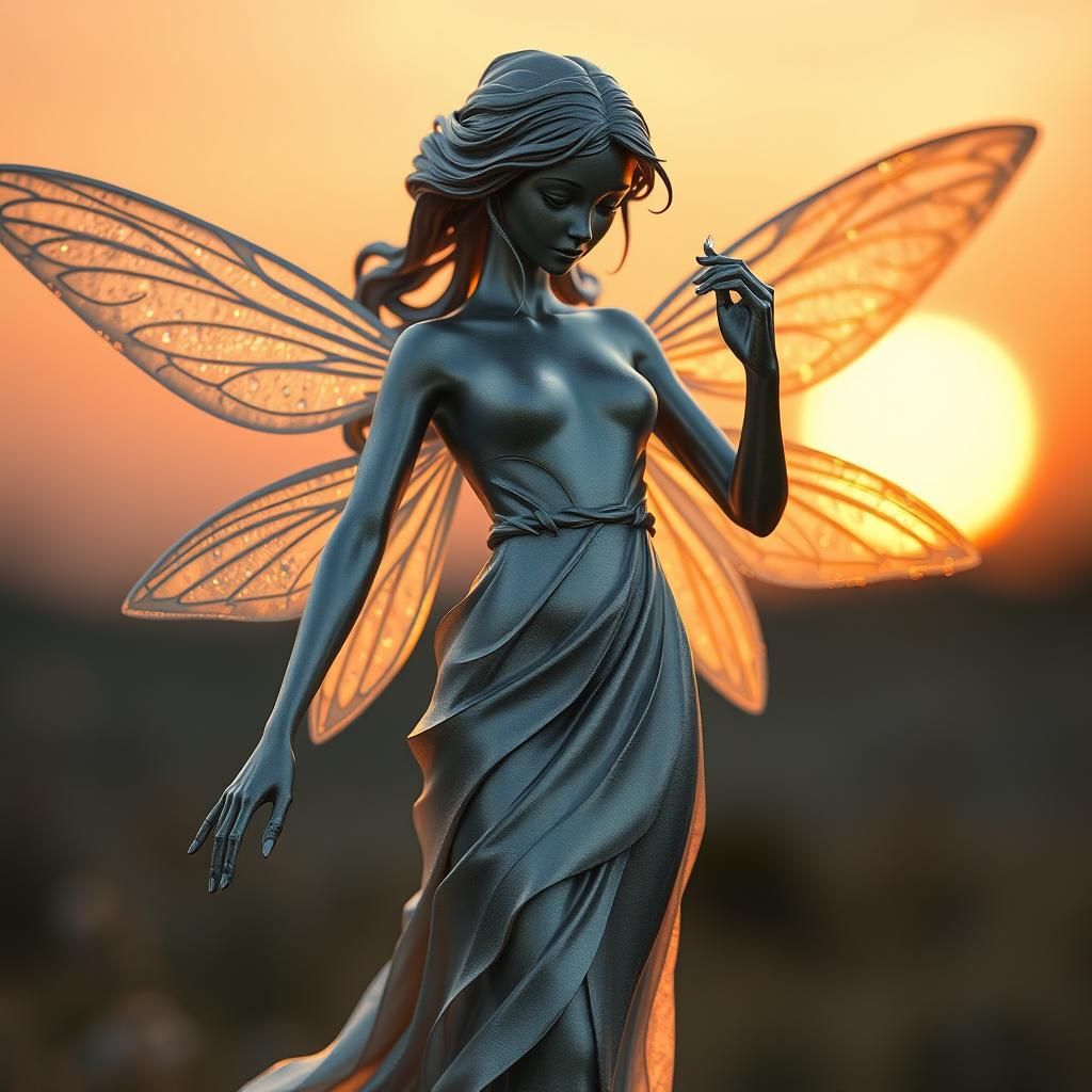 A delicate, intricately crafted polished silver statue of a ...