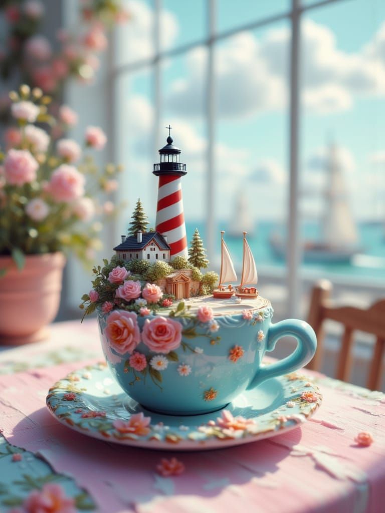 Lighthouse Scene Coffee Cup in Dreamy Impasto Style