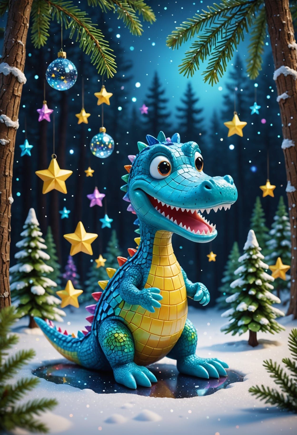 Whimsical Christmas Scene with Holographic Crocodile and Duc...