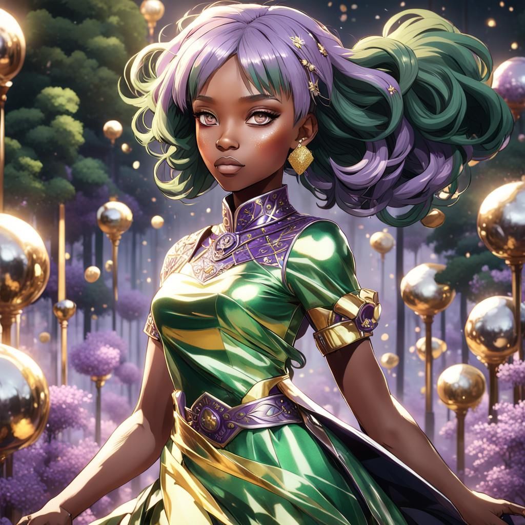 Anime Style Woman with Green Hair and Lilac Dress