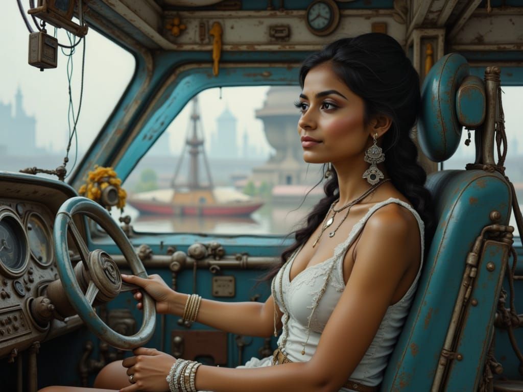 Euro-Indian Female Spaceship Pilot in Realistic Style