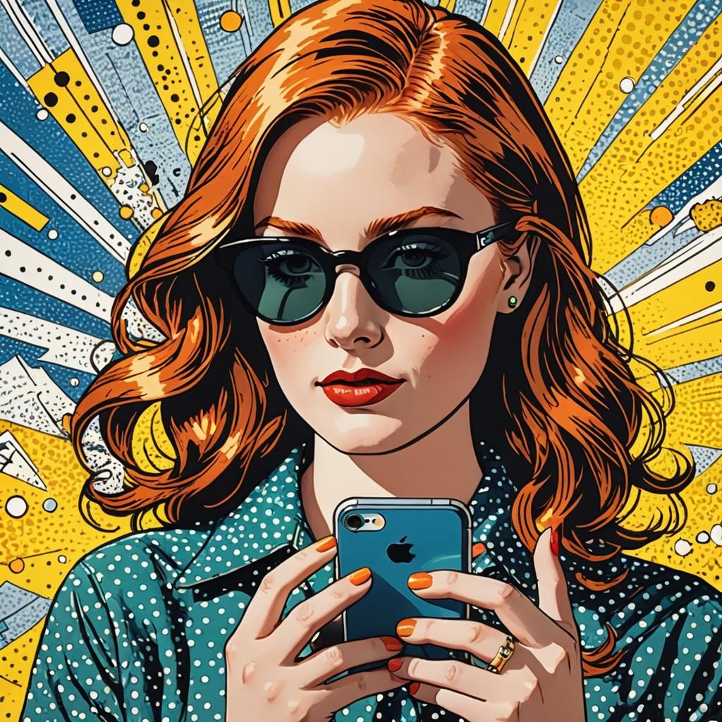 Ginger Woman with iPhone in Roy Lichtenstein Style