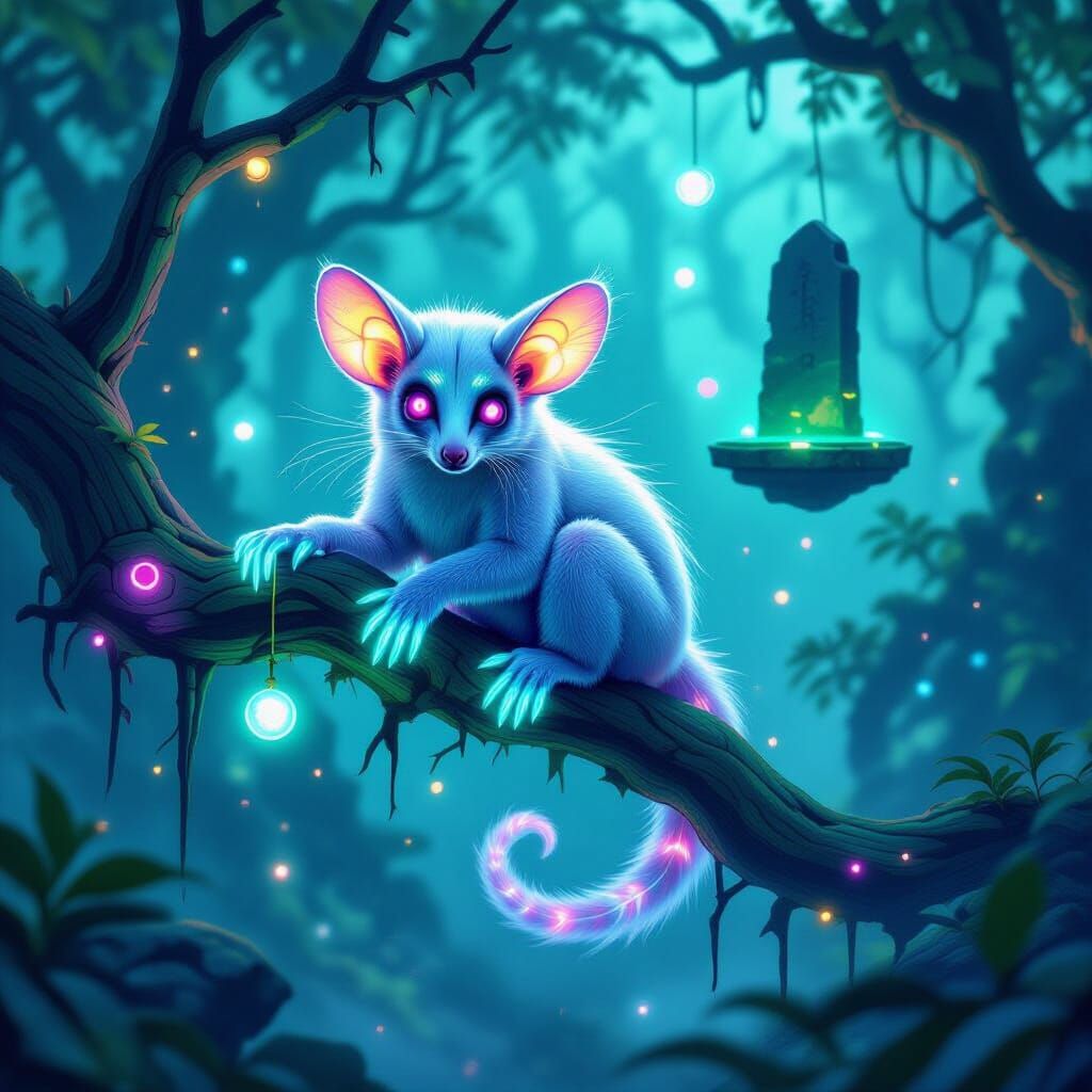 Luminous Aye-Aye with Glowing Fingers in Surreal Forest