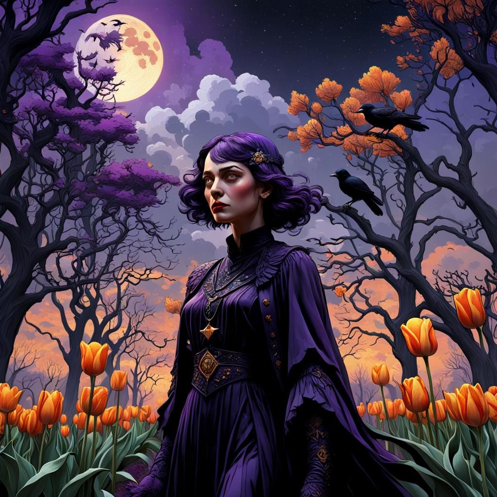 Gothic 1920s Woman with Ravens and Celestial Sky