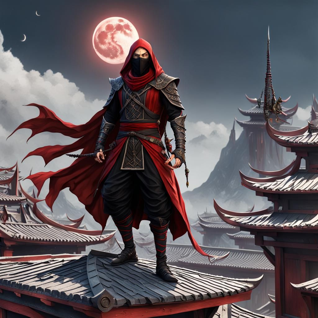 Fantasy Elf Ninja on Rooftop in Moonlight