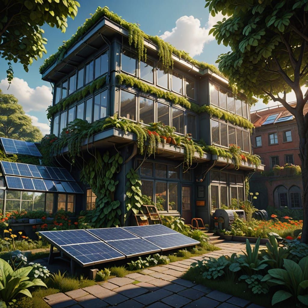 Eco Friendly Futuristic Oasis with Solar Panels and Lush Veg...