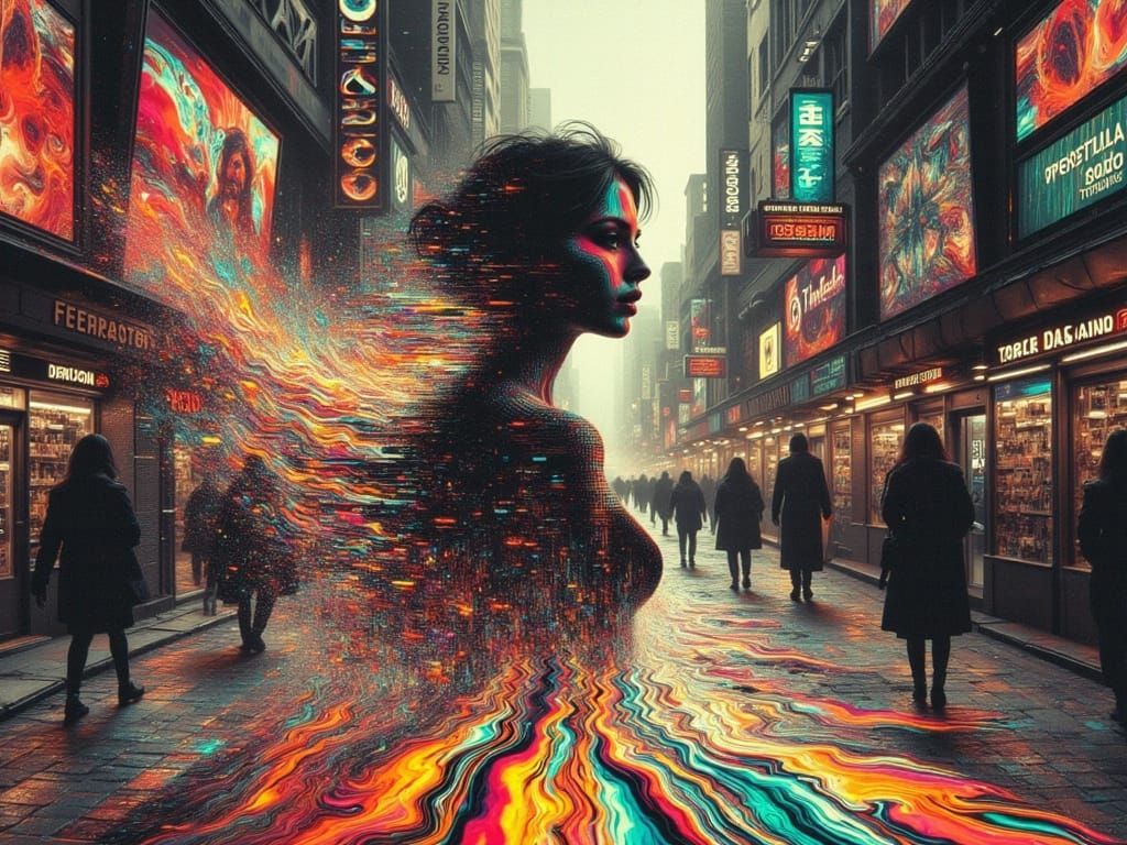 Glitchcore Woman Fading in Crowded City