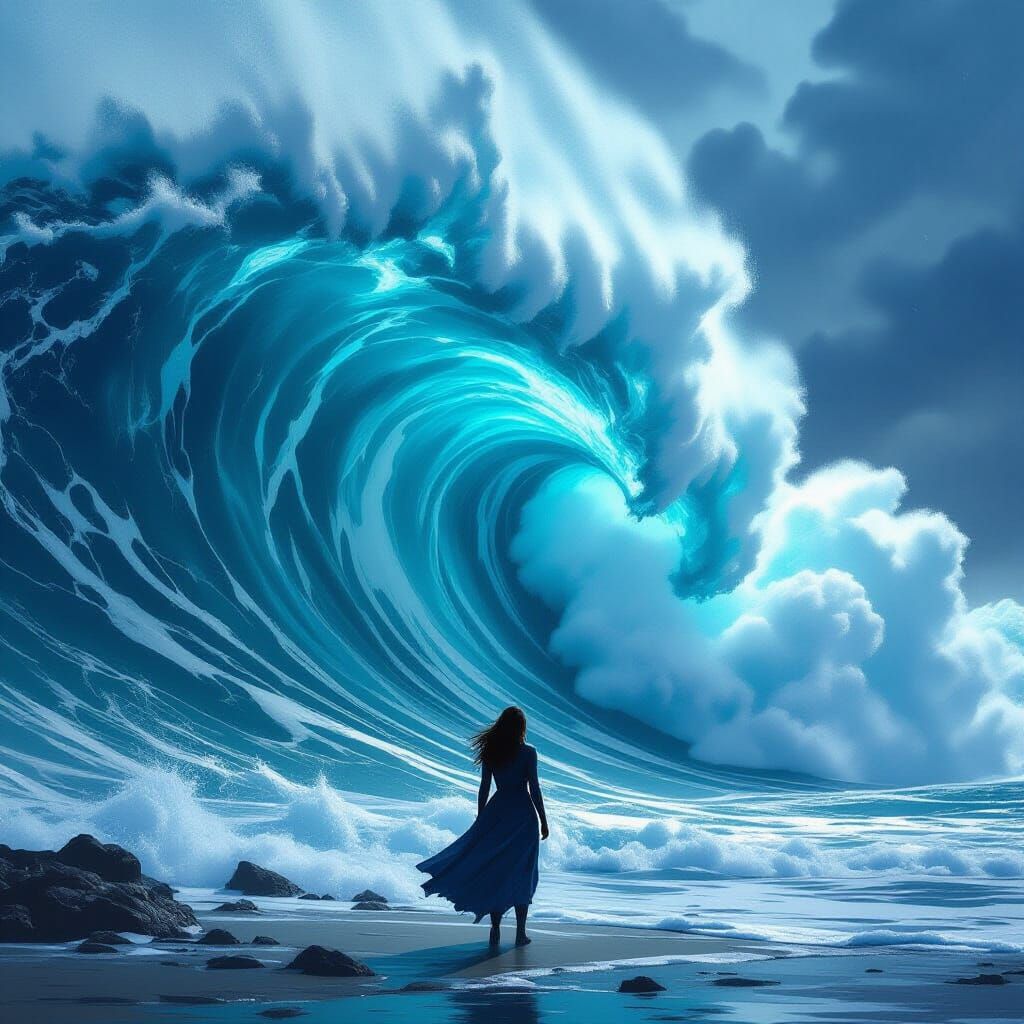 Woman Defies Crashing Ocean Wave in Dramatic Digital Paintin...