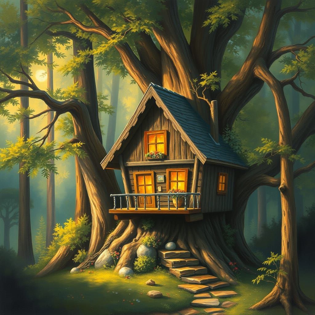 Cozy Forest Treehouse in Oil Painting Style