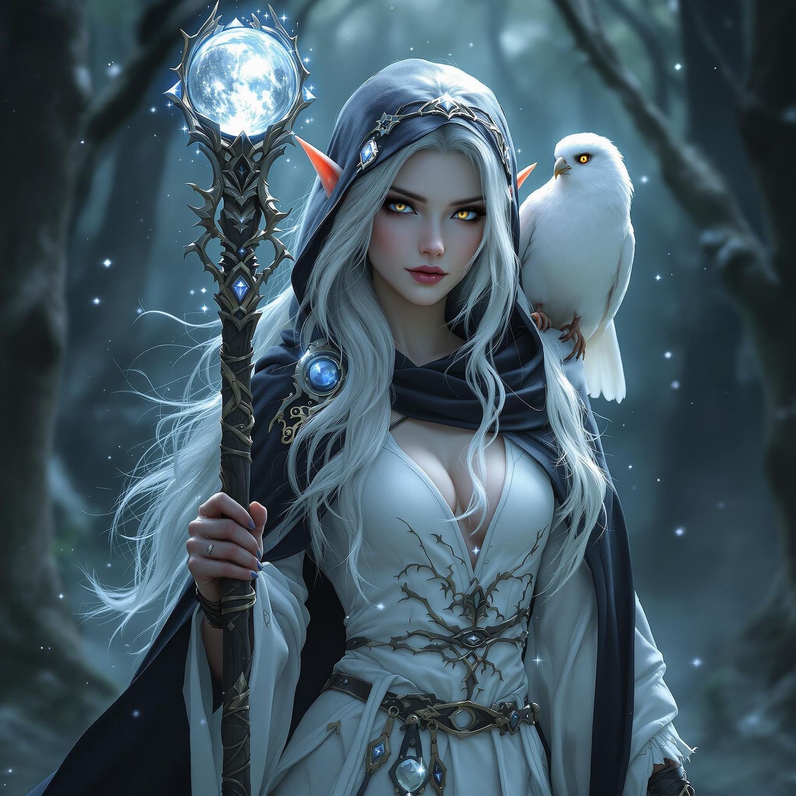 Ethereal Moonlit Druidess in Elven Attire