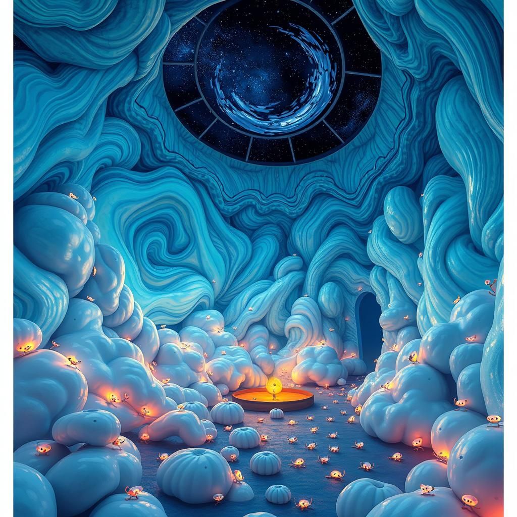 Dreamlike Museum with Iridescent Creatures in Fantasy Style