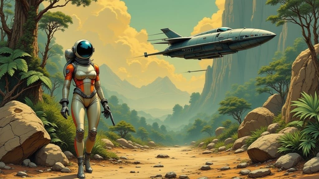 Retro Space Woman on Jungle Planet