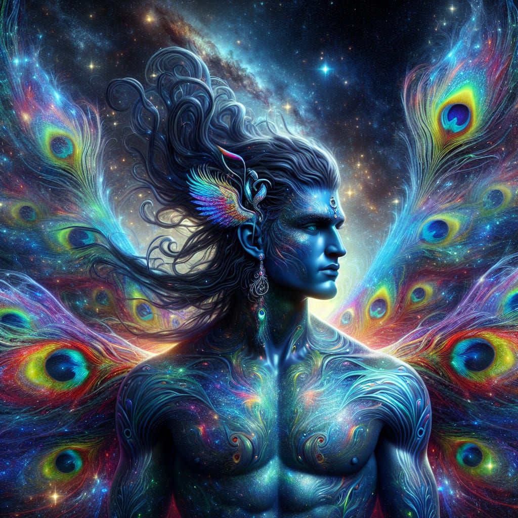 Cosmic Deity with Peacock Wings in Rainbow Light