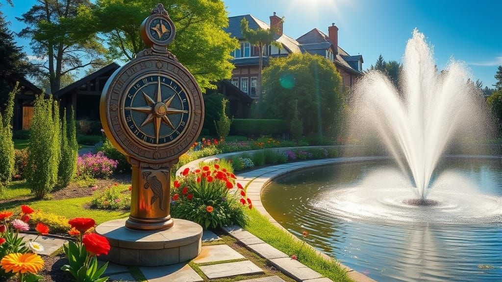 Garden with Sundial, Koi Pond, and Rainbow Mist
