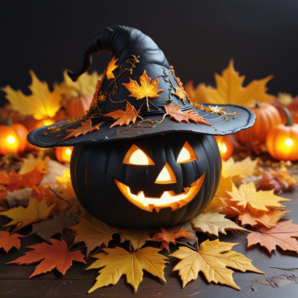 Realistic Jack-o'-Lantern with Witch Hat & Glowing Vines