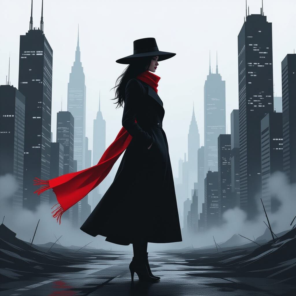 Woman in Red Scarf: Monochrome Cityscape Art