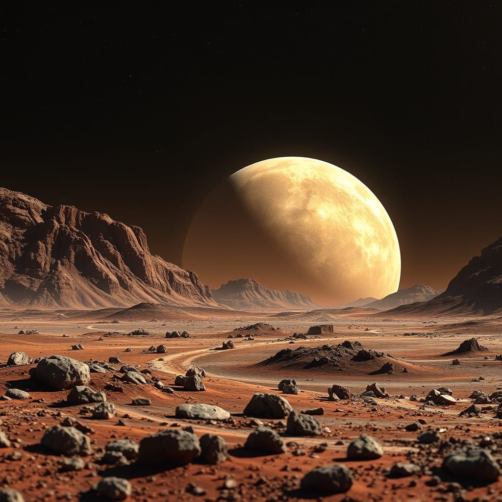 A Photorealistic Mars Landscape with an Ocean in the Backgro...