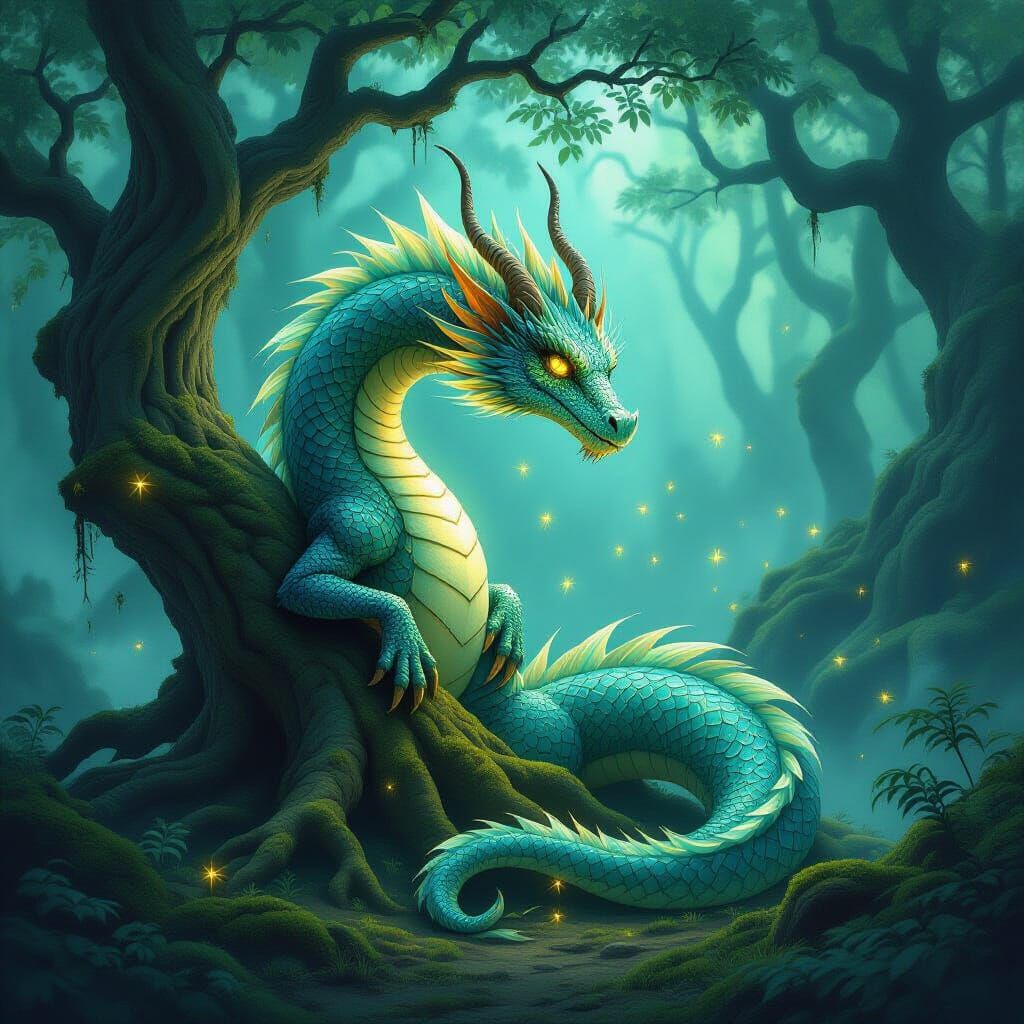 Bioluminescent Dragon in Mystical Forest