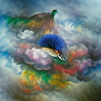 Hyperrealistic Watercolor Peacock in Colorful Clouds