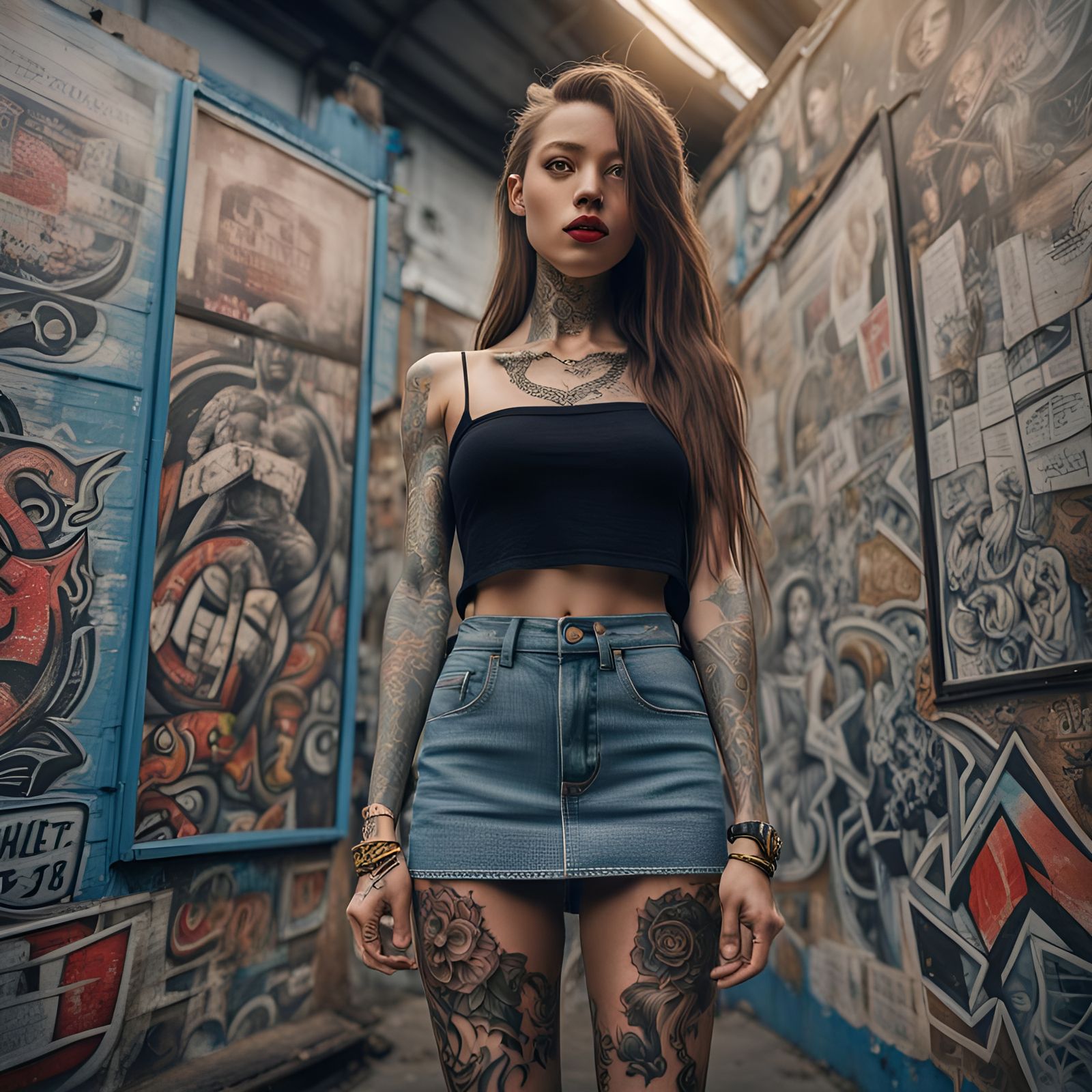 Tattooed Girl in Retro Style with Graffiti