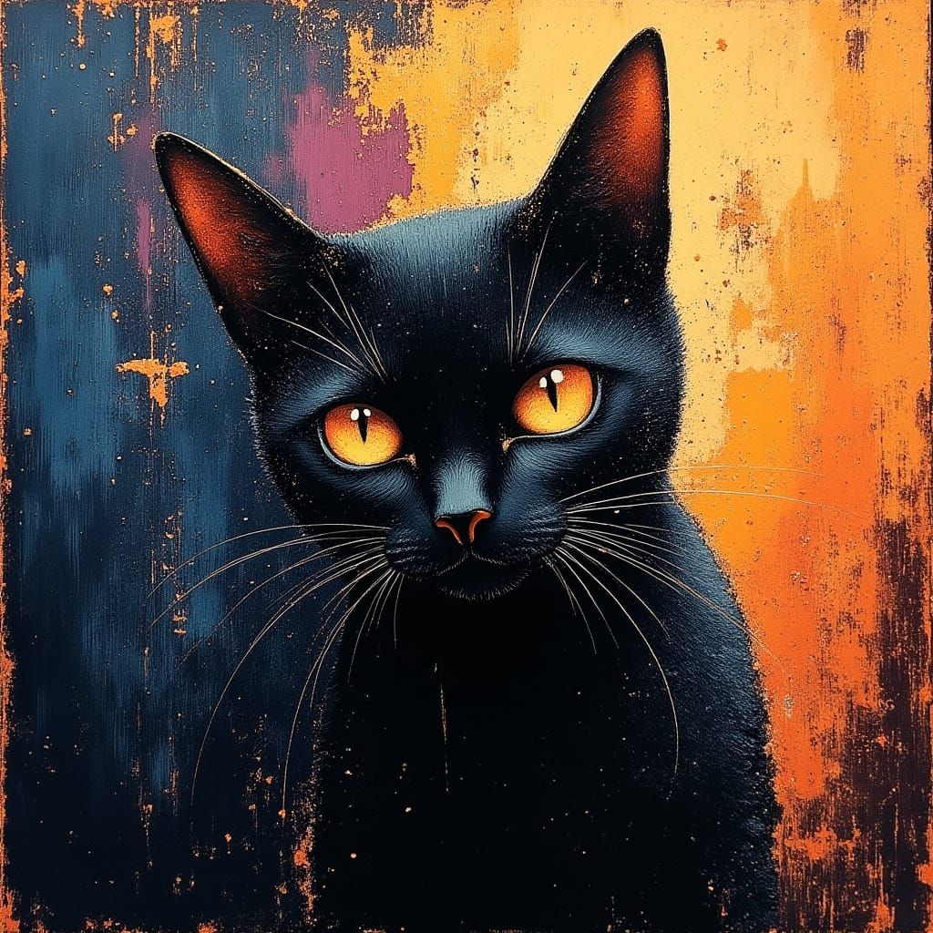 Vibrant Oil Painting of a Black Cat with Amber Eyes