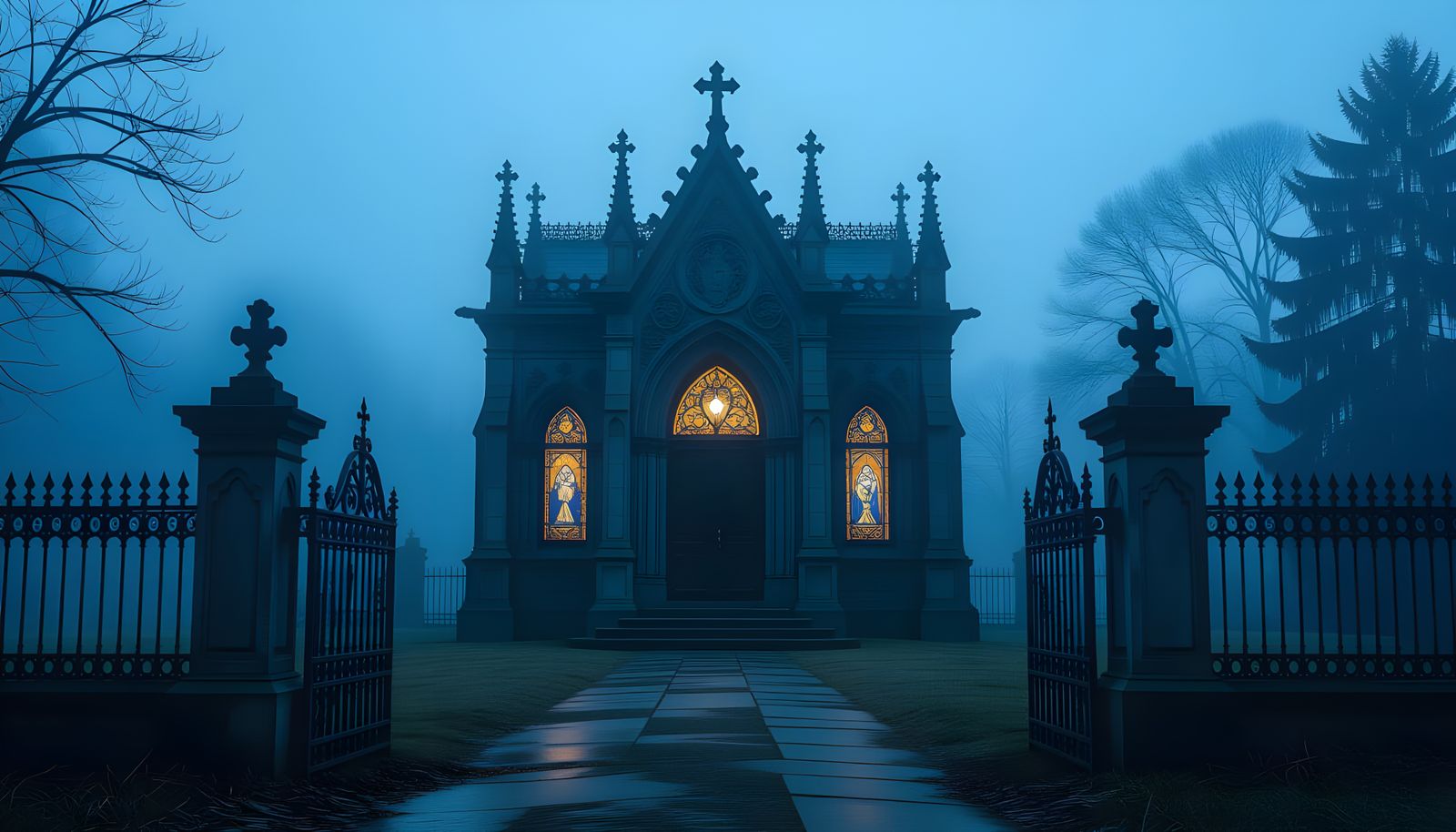 Gothic Mausoleum in Cemetery at Midnight in 8k