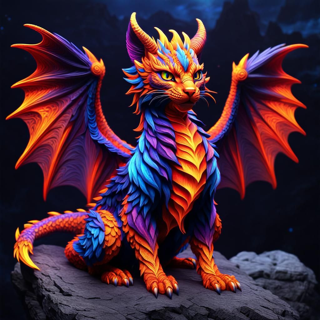 Glowing Lava Dragon-Cat with Vorticism Wings