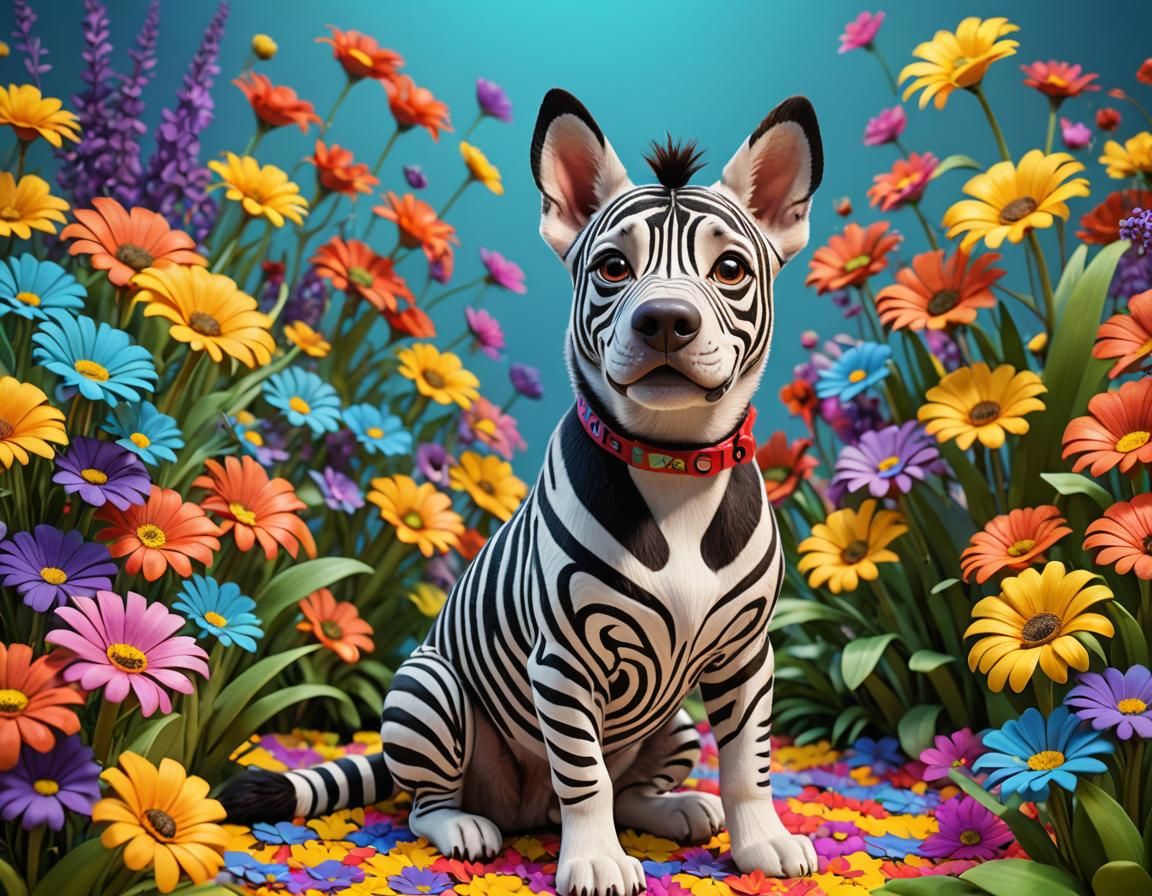 Zebra-Striped Dog in Flower Field: 3D Digital Art