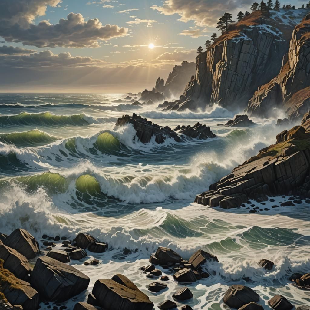 Winter Coastline Waves: Impressionist Digital Art