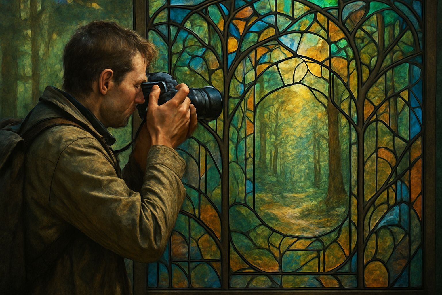 Photographer and Stained Glass Barrier in Forest