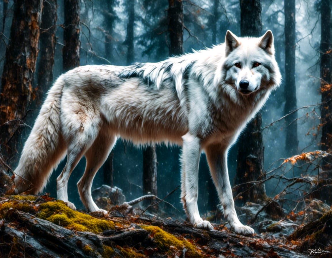 Majestic White Wolf in Forest: Hyperrealistic Wildlife
