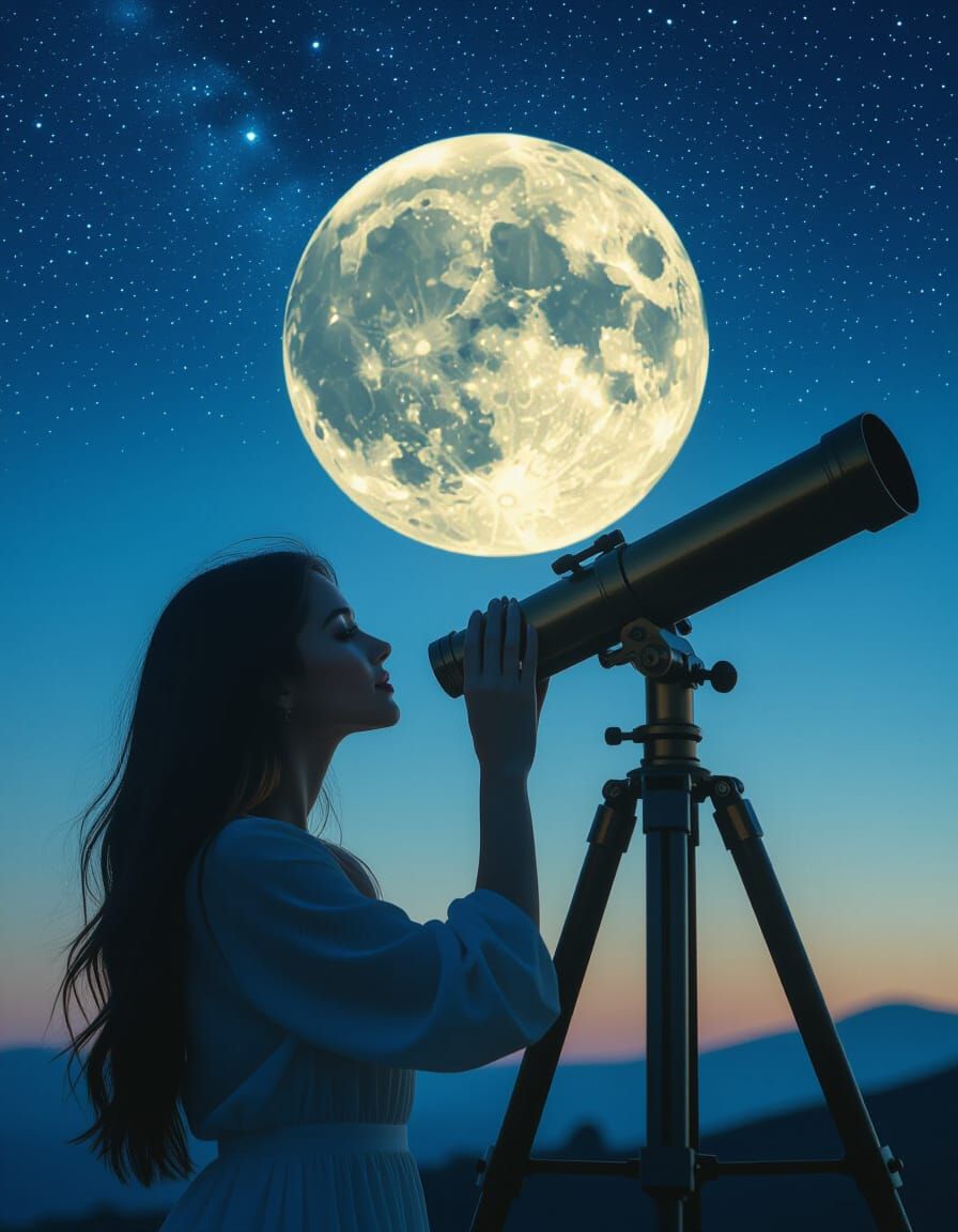 Woman Gazes at Full Moon Through Telescope