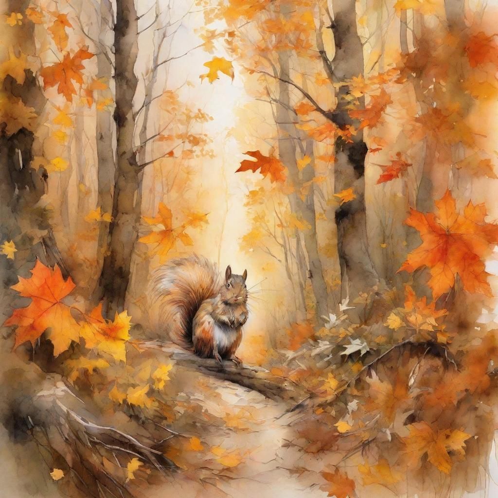 Whimsical Autumn Forest Pathway in Watercolor Style
