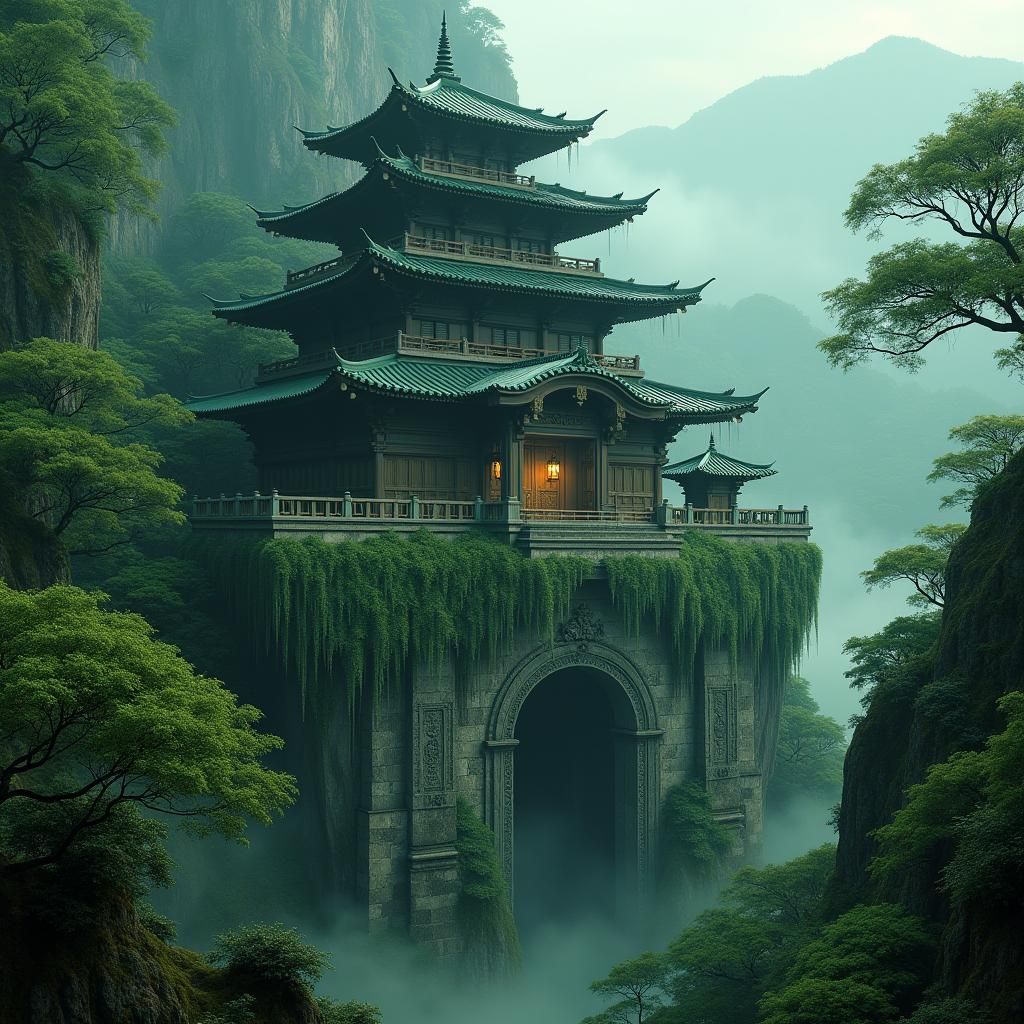 Lush Japanese Temple Integrated into Jungle Mountain