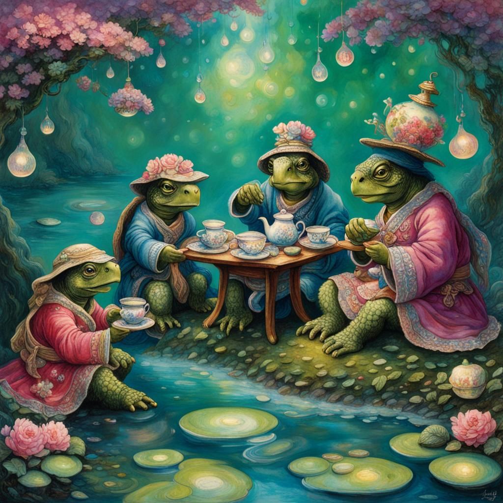 Turtle's Micro Tea Party: Ukiyo-e Style in Dewdrop