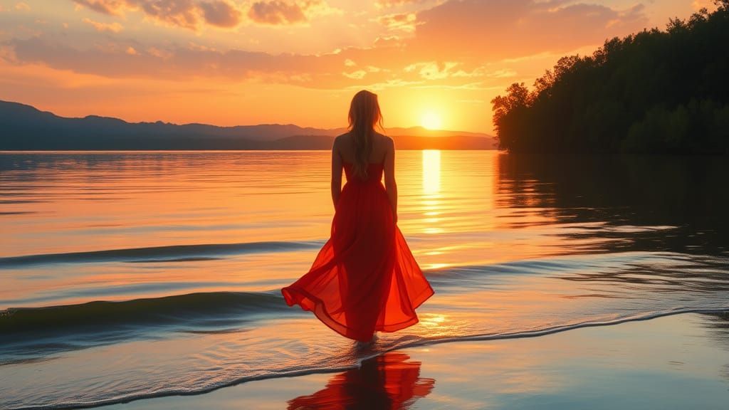 Ethereal Sunset Goddess on a Tranquil Lake Shore
